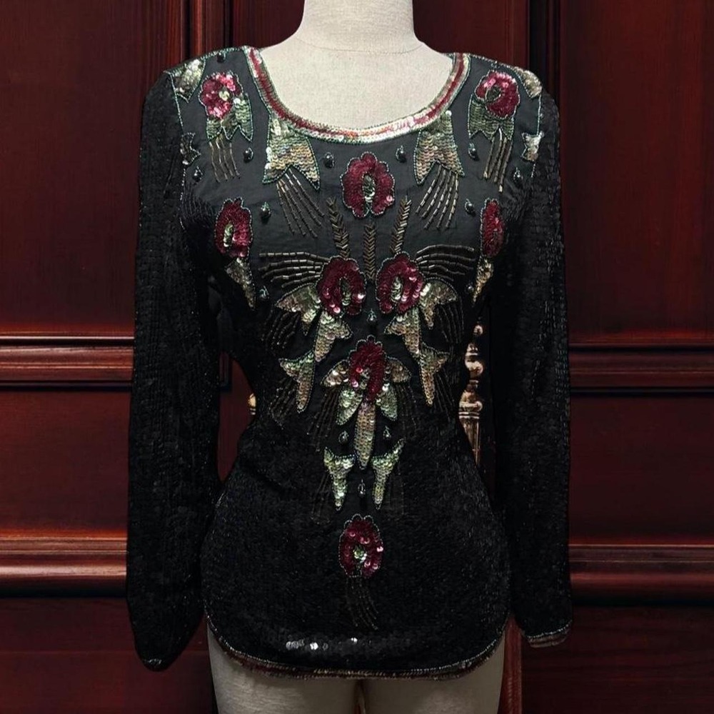 Vintage Black 100% Silk Sequin Beaded Floral Glam Top